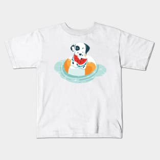 Summer pool pawty // aqua background Dalmatian dog breed in vacation playing on swimming pool Kids T-Shirt